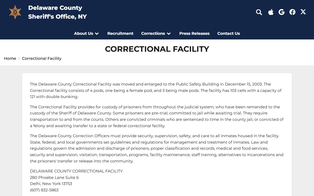 Delaware County Correctional Facility inmate lookup and jail capacity page