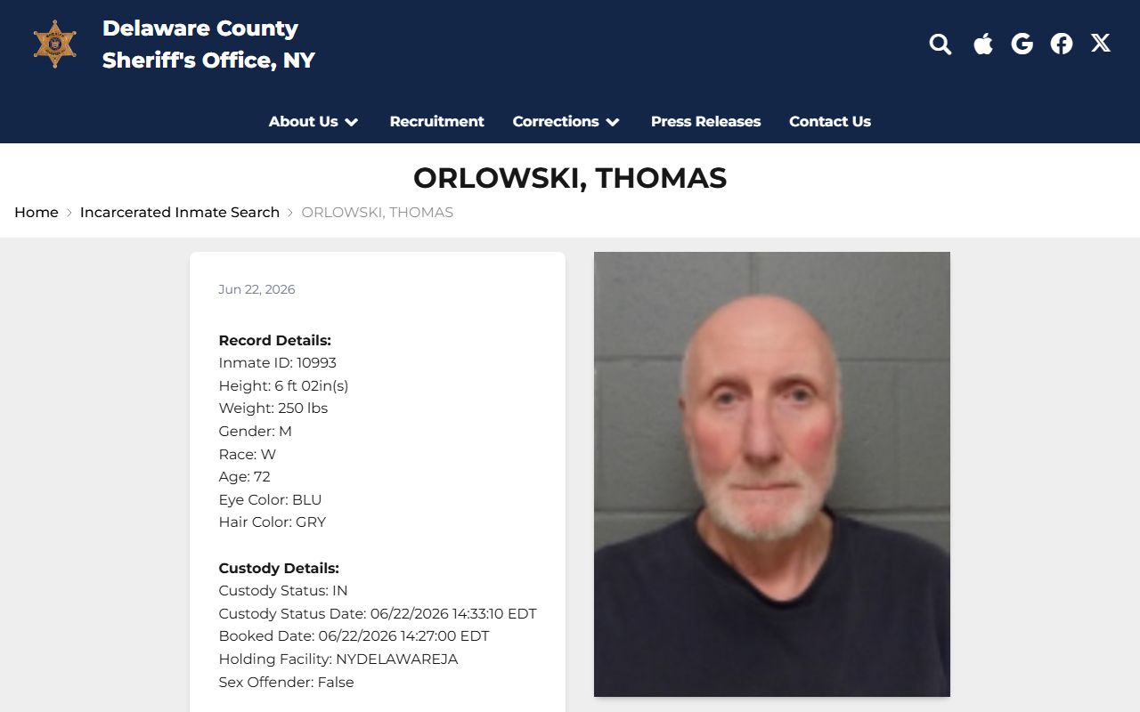 Delaware County inmate profile record with booking photo and VINELink notification