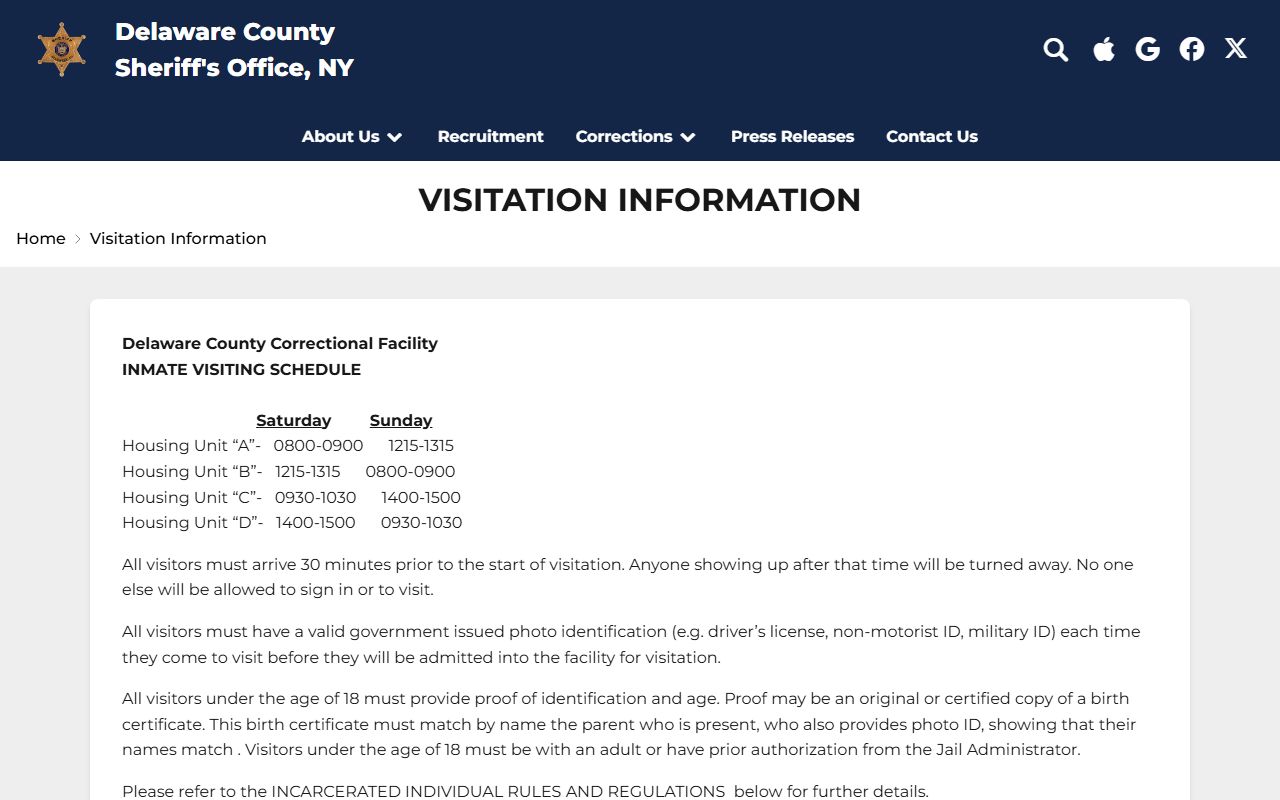 Delaware County Correctional Facility visitation schedule by housing unit